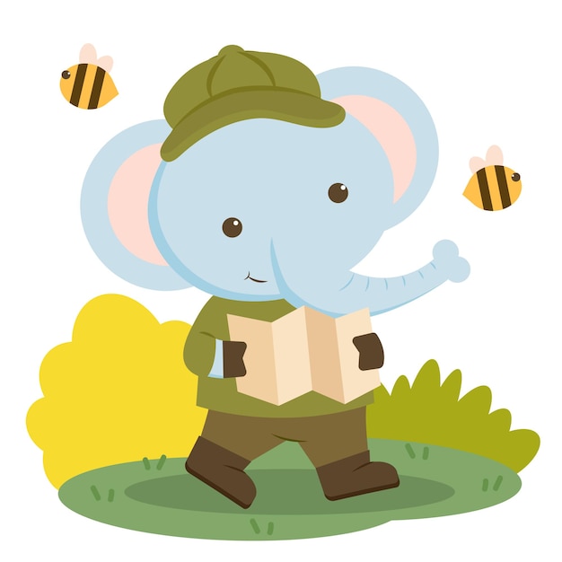 Elephant animal character wearing hiking clothes and holding a map