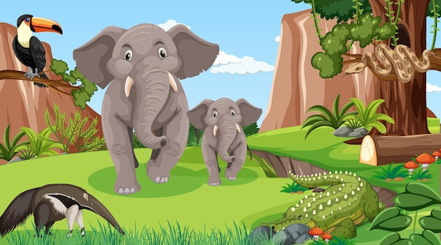 Семья слонов с другими дикими животными в лесной сцене