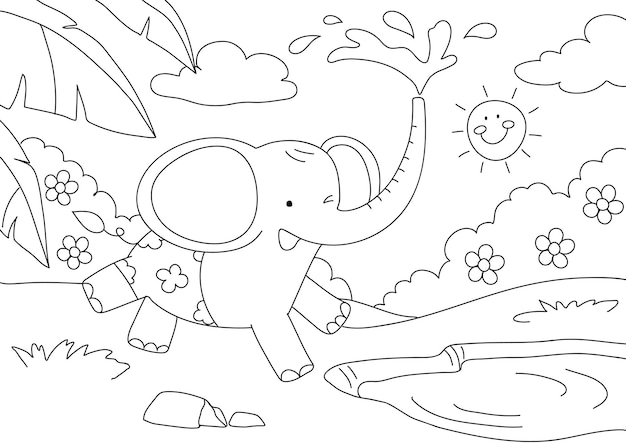 Детские слоны раскраски страницы вектор, пустой дизайн для печати для детей, чтобы заполнить