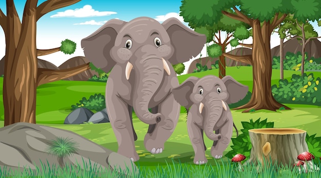 多くの木がある森や熱帯雨林のシーンで象のお母さんと赤ちゃん