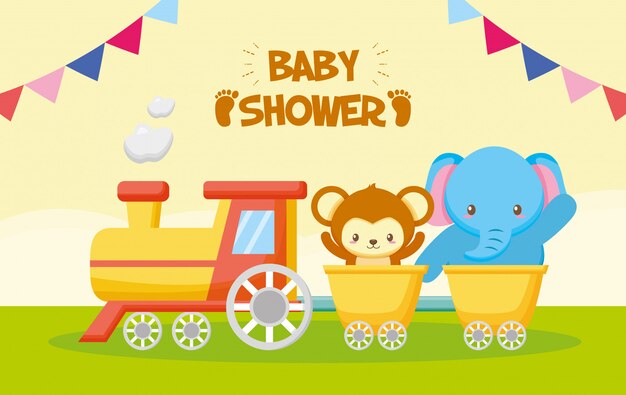 Elephant and monkey in a train for baby shower card