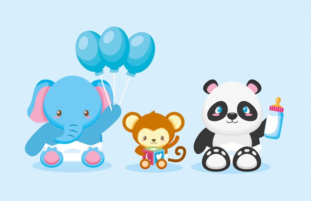 Elephant, panda and monkey with balloons for baby shower card