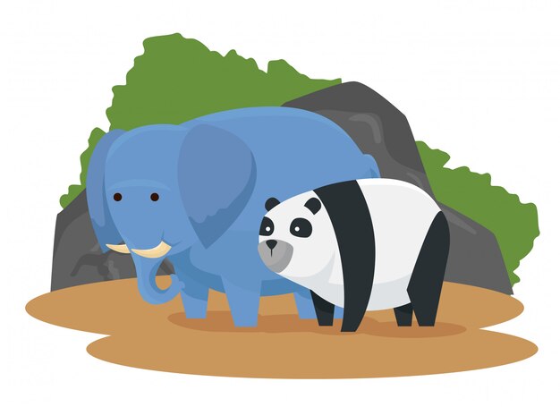 Elephant and panda wild animals with bushes