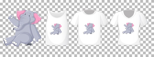 Elephant in sitting position cartoon character with many types of shirts on transparent