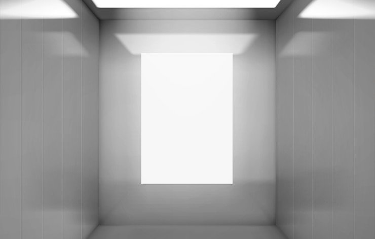 Free Vector elevator cabin with poster mockup inside view.