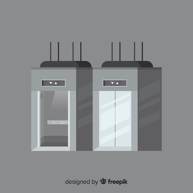플랫 스타일의 열리고 닫힌 문이있는 엘리베이터 개념