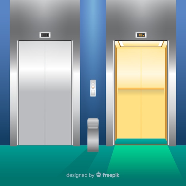 Elevator concept with open and closed door in flat style