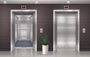 Реалистичная композиция двери лифта с дверями лифтового холла, вид спереди с боковой стойкой и иллюстрацией домашнего растения
