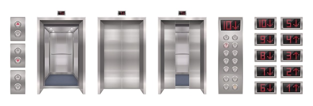 버튼 패널이 있는 자동 문의 사실적인 이미지와 숫자 벡터 일러스트레이션이 있는 화면이 있는 엘리베이터 문