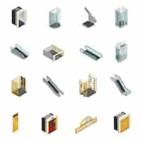 Free vector elevator lift escalator isometric icons set