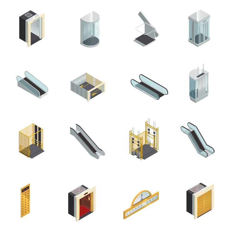 Free Vector elevator lift escalator isometric icons set