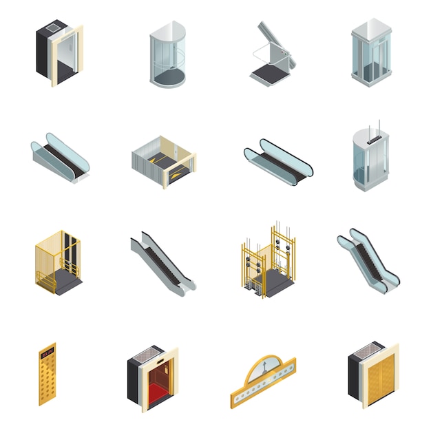 Elevator lift escalator isometric icons set