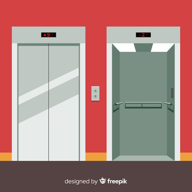 Лифт с открытой и закрытой дверью в плоском дизайне