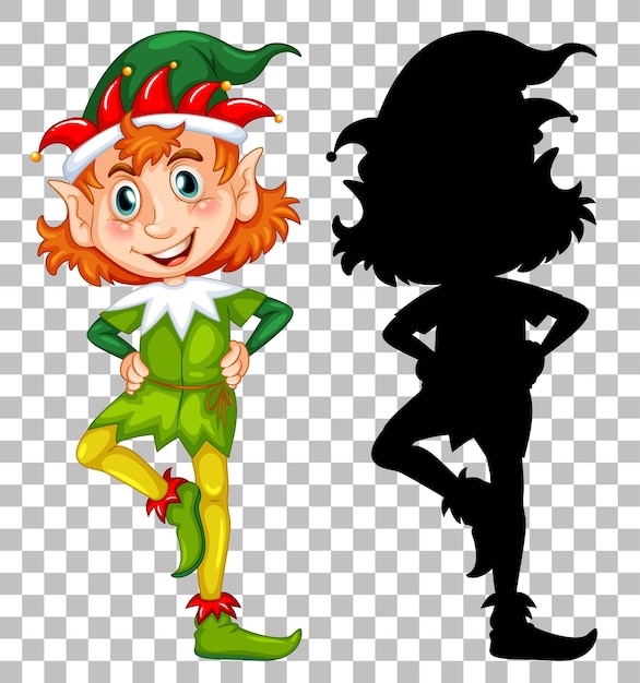 Vettore gratuito personaggio dei cartoni animati di elfo e la sua silhouette