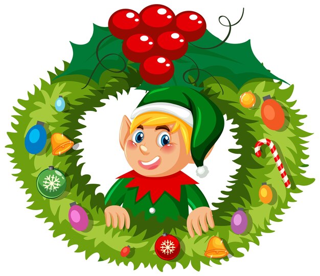 Free vector elf christmas wreath in cartoon style