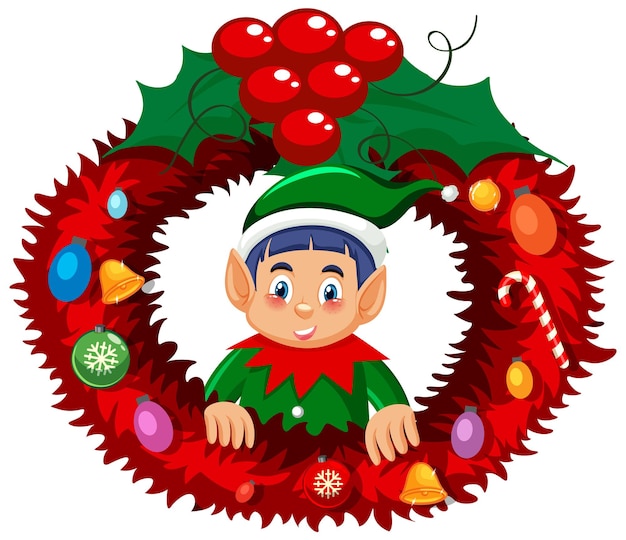 Elf christmas wreath in cartoon style