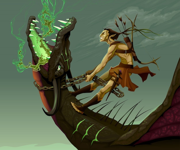 Vettore gratuito elf sta cavalcando il drago vector fantasia illustrazione