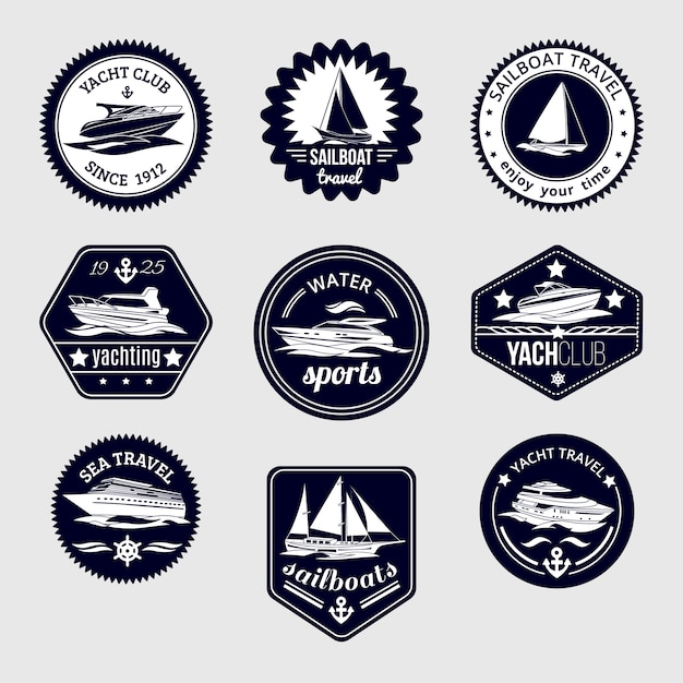 Free vector elite world water sport yacht club sailboat sea travel design labels set black icons isolated vector illustration