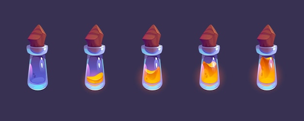 Free vector elixir in flask with wooden cork animation sequence of filling glass bottle with potion from empty to full cartoon vector illustration set of different tube fullness game asset of hp or energy