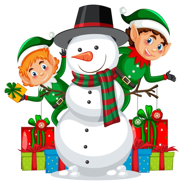 Free vector elves and snowman in christmas theme