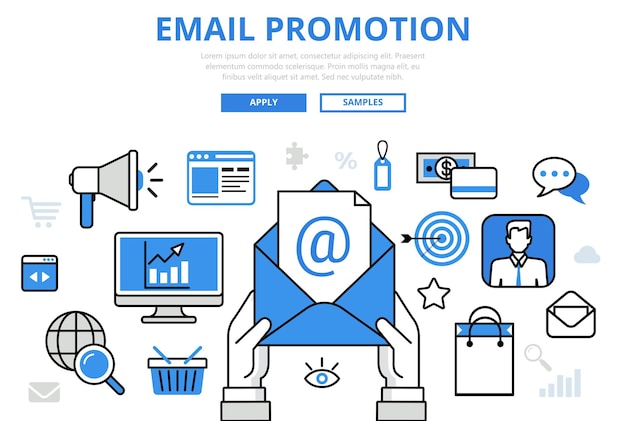 이메일 프로 모션 디지털 마케팅 온라인 프로 모션 개념 플랫 라인 아트 아이콘.