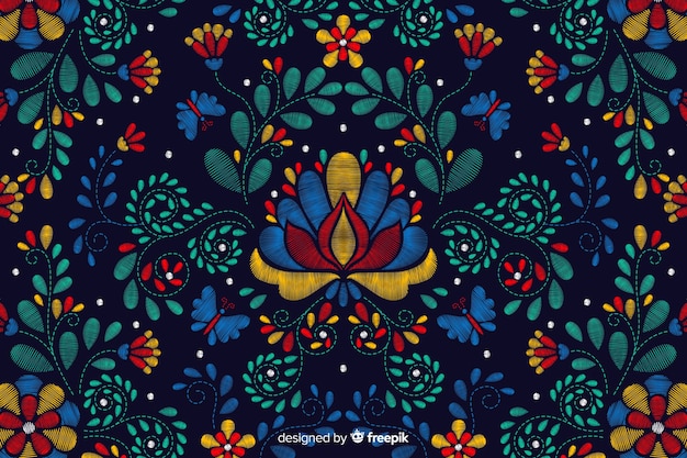 Embroidery traditional mexican floral background