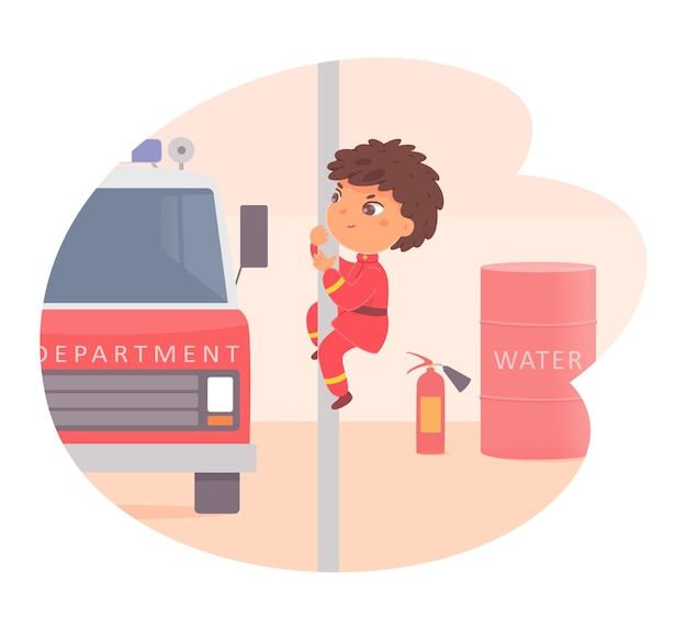 Free vector emergency fire department boy fireman on fire station pole firefighter child character in hurry on rescue alarm to car firetruck fire fighting children isolated on white