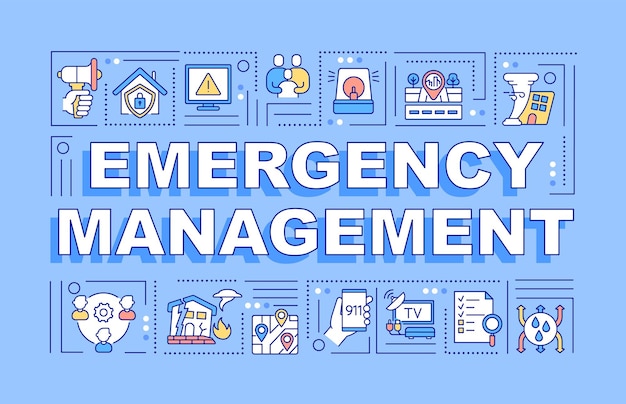 Emergency management word concepts blue banner. public service. infographics with linear icons on background. isolated typography. vector outline color illustration with text. arial-black font used