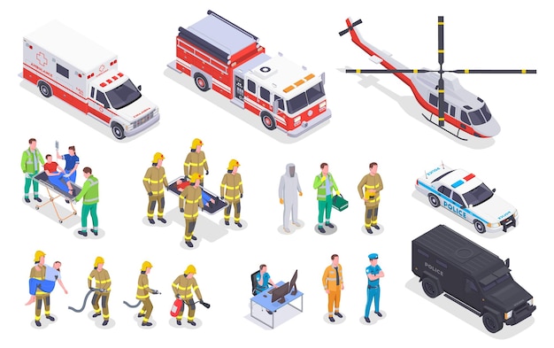 Free vector emergency service isometric set with isolated images of special vehicles with fire fighting personnel ambulance crew vector illustration