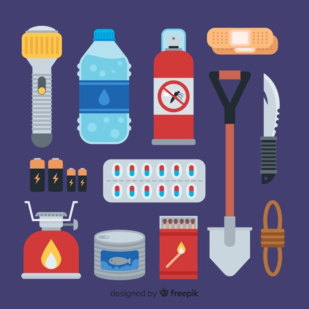 Emergency survival kit in flat design