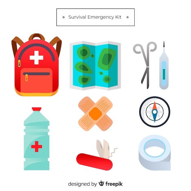 Vettore gratuito kit di sopravvivenza di emergenza in design piatto