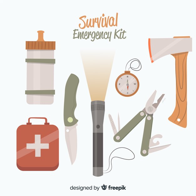 Emergency survival kit in flat style