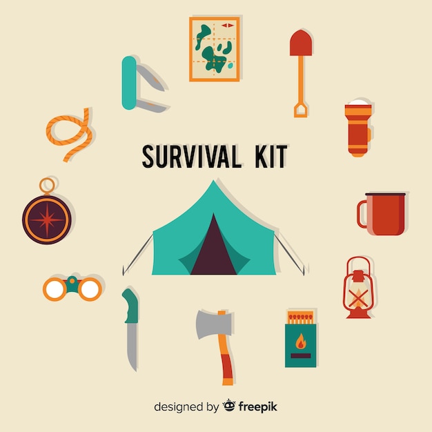 Free vector emergency survival kit with flat design