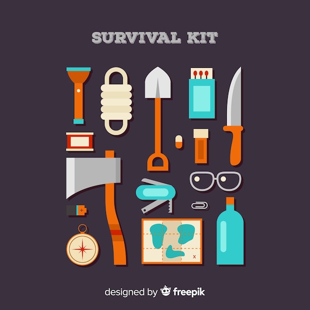 Free vector emergency survival kit with flat design