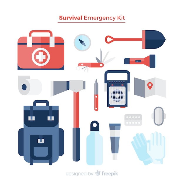 Free vector emergency survival kit with flat design