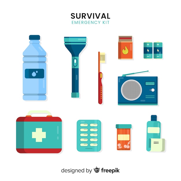 Free vector emergency survival kit with flat design