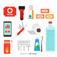 Free vector emergency survival kit with flat design