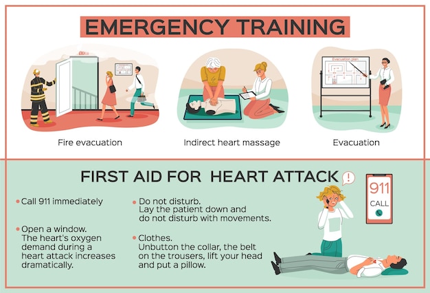 Vettore gratuito set infografico per l'addestramento di emergenza con l'illustrazione piatta del vettore dei simboli dell'attacco cardiaco