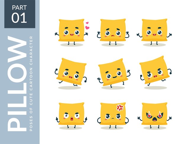 Emoticon set of Yellow Pillow. First set. Vector Illustration