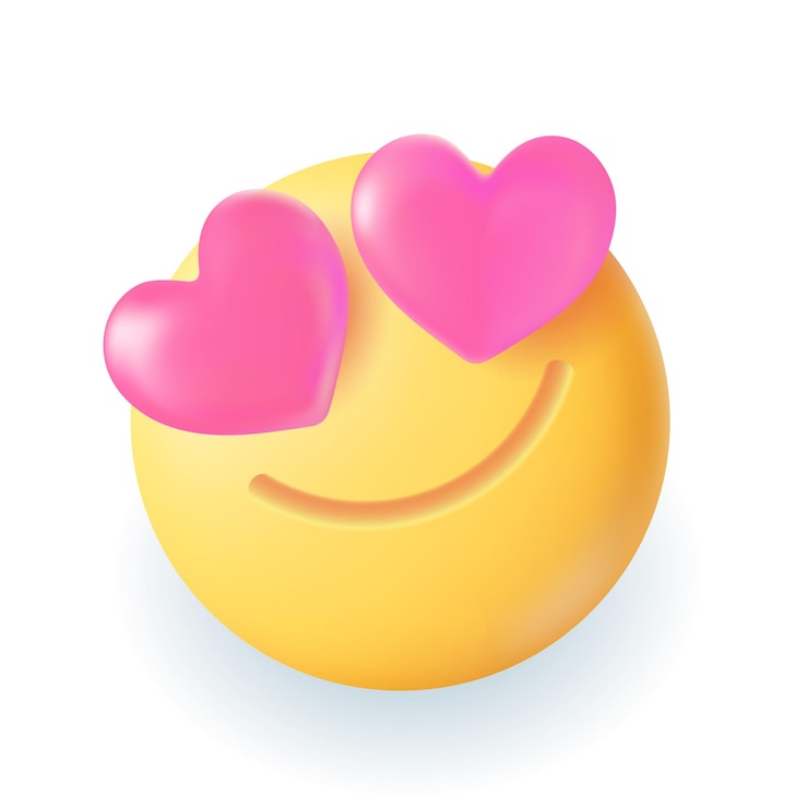 무료 Vector 눈 3d 삽화를 위한 하트가 있는 이모티콘. 흰색 배경에 3d 스타일의 눈으로 분홍색 하트가 있는 재미있는 만화 노란색 얼굴을 그린 만화. 사랑, 로맨스, 발렌타인 데이 개념