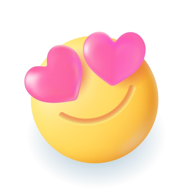 Бесплатное векторное изображение Смайлик с сердечками для глаз 3d иллюстрации. карикатурный рисунок смешного комического желтого лица с розовыми сердечками в качестве глаз в 3d стиле на белом фоне. любовь, романтика, концепция дня святого валентина
