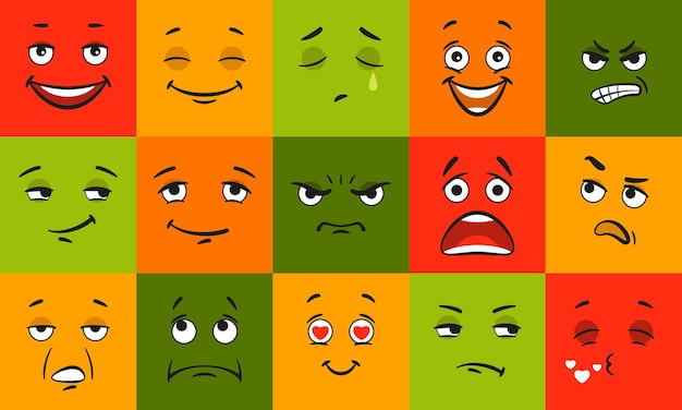 Бесплатное векторное изображение Набор смайликов с разным настроением и эмоциями. векторные иллюстрации симпатичных персонажей для аватаров. коллекция мультяшных цветов абстрактных лиц с глазами и ртом. смайлик, карикатурная концепция