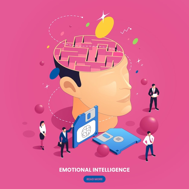 Free vector emotional intelligence thinking mental concepts isometric composition with clickable button text and labyrinth in brain image vector illustration