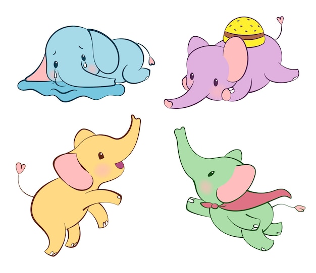 Emotional sticker set with cute elefant in different colors kawaii style cartoon emoji sticker with ...