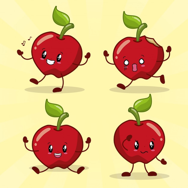 さまざまな幸せな表情を持つ4つのかわいいリンゴの感情カワイイfrset