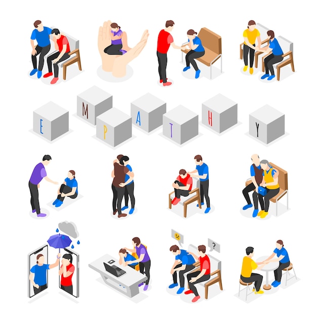 Free vector empathy characters isometric icons set with people consoling sad friends isolated vector illustration