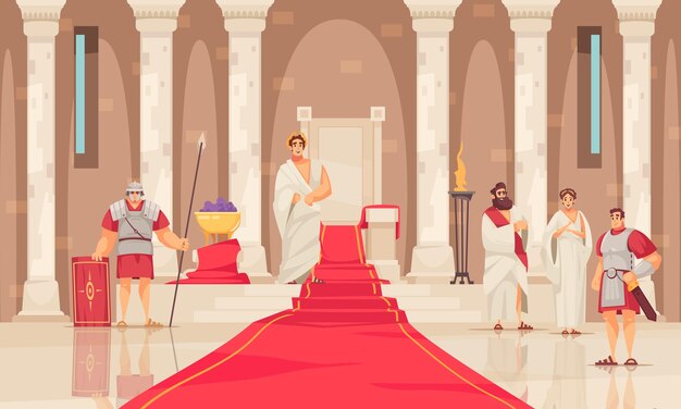 Emperor and his throne in ancient rome castle cartoon