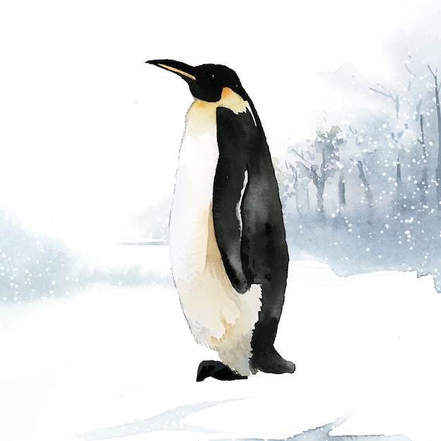 雪の水彩画のベクトルで皇帝ペンギン