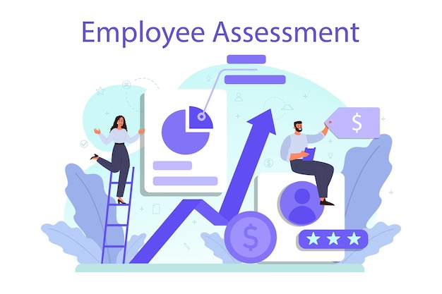 従業員評価の概念従業員評価テストフォームとレポート労働者の業績評価スタッフ管理従業員の開発孤立したフラットベクトル図