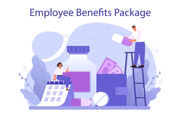 Employee benefits package concept Compensation supplementing employee's salary Worker advantages overtime medical insurance vacation and retirement benefits Flat vector illustration